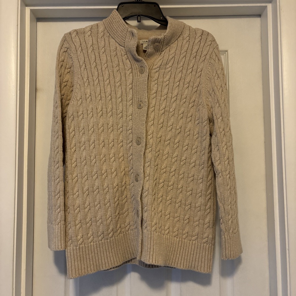 L.L.Bean Fisherman Cable Chunky Knit Cardigan Sweater Petite Medium Coastal Warm